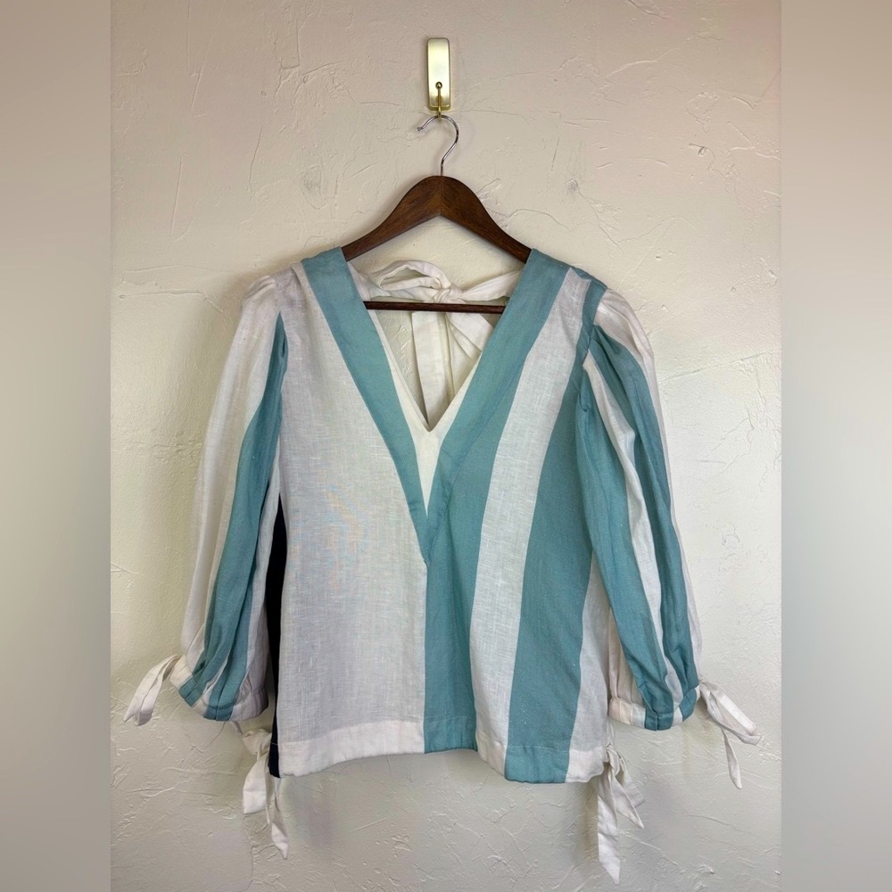 KATHARINE KIDD 100% Linen Bow‎ Top Blouse V Neck White Beach Striped White Small
